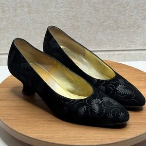 Bruno Magli Black Suede Feather Embroidered Pointed Toe Pumps Vintage Heels Sz 5